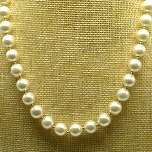 Faux Pearl Strand Choker Gold Tone Spacers Necklace 16"